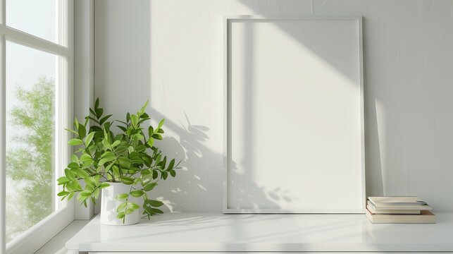 Bright interior with blank picture frame and green plant