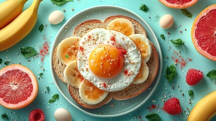 Fresh fruit and egg toast on vibrant background