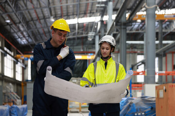 Male and female rail engineers working with blueprint drawing in electric train garage