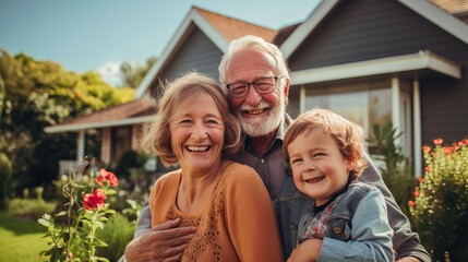 Fototapeta premium Joyful grandparents with grandchild in garden