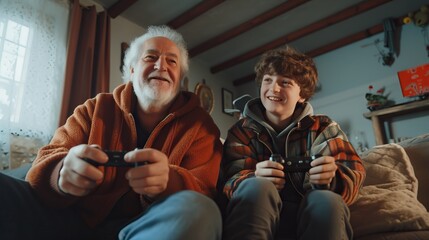 Joyful grandfather and grandson playing video games together