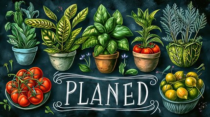 Vibrant hand-painted homegrown plants and vegetables