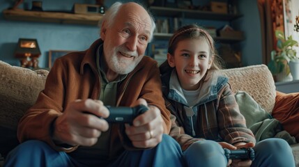 Joyful grandfather and granddaughter playing video games