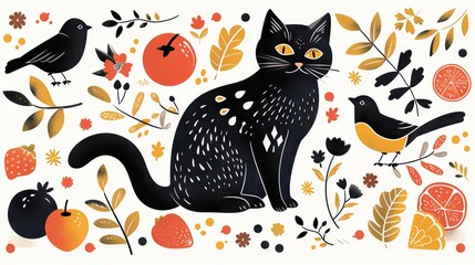 Obraz premium Folk art inspired illustration of black cat with nature motifs