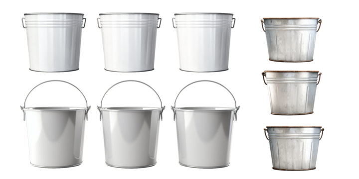 Collection of metal bucket isolated on a white background as transparent PNG