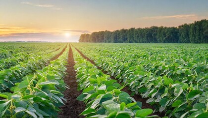 soybean field and soy plants in early morning
