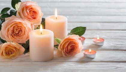 Fototapeta na wymiar candles and peach color roses flowers on white wooden background