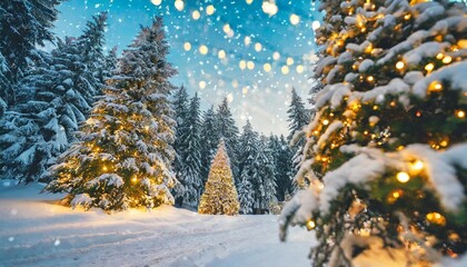 christmas blurred background xmas trees with snow decorated with garland lights holiday festive background new year winter art design christmas scene holiday blur forest backdrop