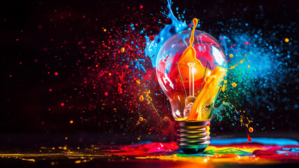 light bulb exploding, releasing a mesmerizing swirl of neon paint splashes in electric pink, lime green, and ultraviolet, illuminating the darkness with creativity and innovation. - obrazy, fototapety, plakaty