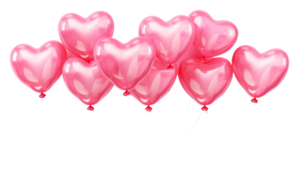 Pink heart-shaped balloons elegantly floating, isolated on a transparent background, each balloon reflecting light with a soft glow