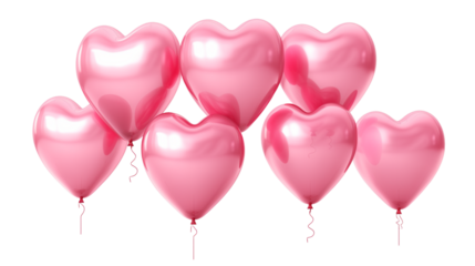 Pink heart-shaped balloons elegantly floating, isolated on a transparent background, each balloon reflecting light with a soft glow