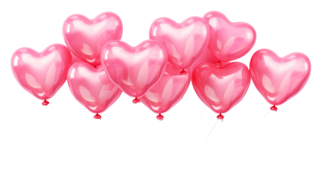 Pink heart-shaped balloons elegantly floating, isolated on a transparent background, each balloon reflecting light with a soft glow
