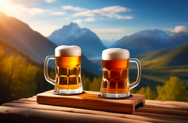 A glass of beer in a pub on the street on a table against a background of forest and mountains