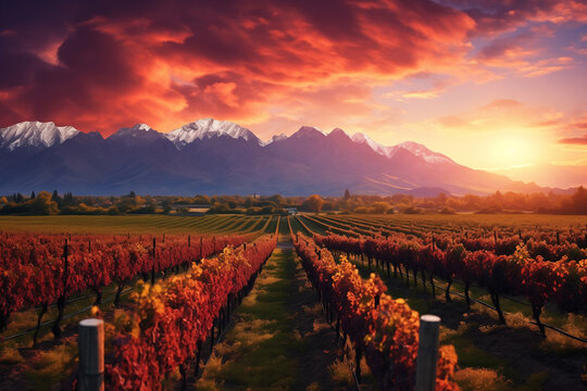 Vineyard under the Andes near Mendoza, beautiful landscape in autumn sunset. Province of Argentina