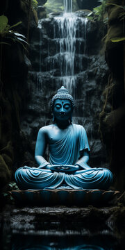 A statue of load budda of Theravada style  a low-key photo, a waterfall falling between trees in the background, blue tone generative Ai