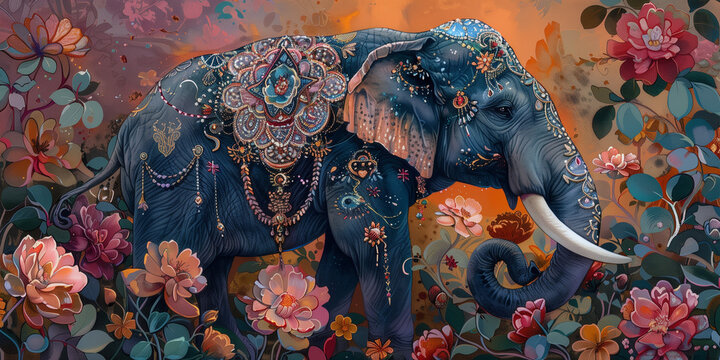 Colorful asian elephant in with Indian/Sri Lankan style  dress and jewelleries and colorful background, Rainbow Elephant fantasy, generative ai