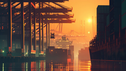 A twilight scene at an industrial port where silhouettes of massive container ships - obrazy, fototapety, plakaty