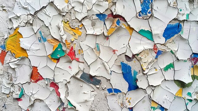 close-up view of a surface covered in cracked paint and various colored fragments, giving it an abstract appearance. 