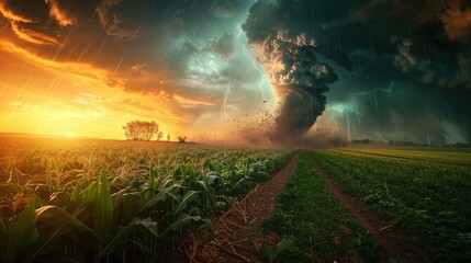 Tornado passing over a verdant farmland. Generative Ai. - obrazy, fototapety, plakaty