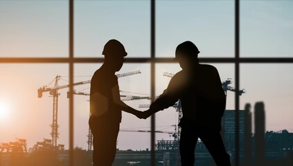 two engineers meeting and handshaking isolated with construction site window with sunsets 
