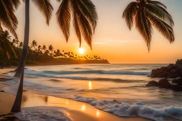 a serene tropical beach at sunrise,