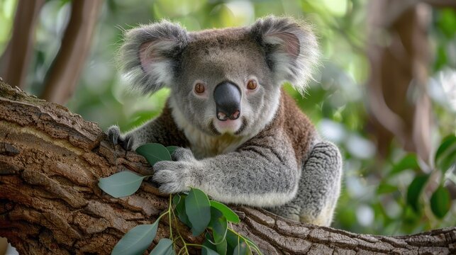 Koala in the jungle, zoo, perched on a eucalyptus tree. Generative Ai.