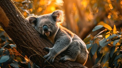 Fototapeta premium Koala in the jungle, zoo, perched on a eucalyptus tree. Generative Ai.