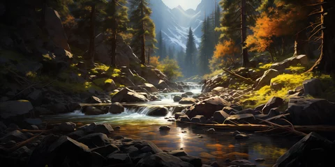 Fotobehang oil painting style serene waterfall nestled in a forest, capturing the harmony between the cascading water and the vibrant foliage. Generative AI © Darshana