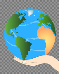 Planet earth in a man's hand. Green continents and desert. Vector illustration EPS10.