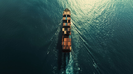 An aerial drone view capturing a massive container ship sailing through the open sea, its deck loaded with neatly arranged cargo containers. - obrazy, fototapety, plakaty