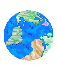Planet Earth in watercolors. Waves on the sea. The continents are painted in watercolors. Vector illustration EPS10.