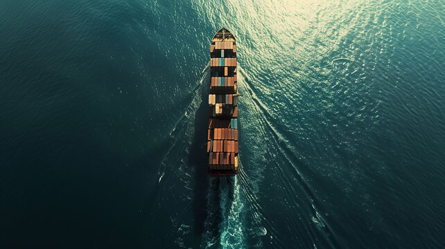 An aerial drone view capturing a massive container ship sailing through the open sea, its deck loaded with neatly arranged cargo containers.