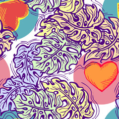 Monstera leaves decorative seamless pattern for textile design, fabric print, digital or wrapping paper, wallpaper, background and backdrop, decoration. Tropical summer holiday theme.