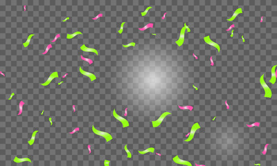 Colored confetti. On a checkered background, colored confetti in green and pink. A spotlight shines on a checkered background. Vector illustration EPS10.