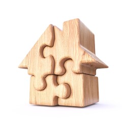 Small house made of wooden jigsaw puzzles 3D