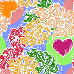 Monstera leaves decorative seamless pattern for textile design, fabric print, digital or wrapping paper, wallpaper, background and backdrop, decoration. Tropical summer holiday theme.