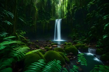 In the heart of a dense jungle, a powerful waterfall crashes down into a crystal clear pool below