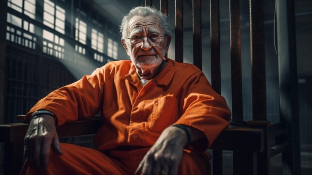An elderly criminal in an orange prison uniform sits in prison.