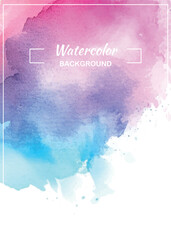 Watercolor background with blue purple colors. Greetings card, invitation or decor template ready for print. Water paint splash.