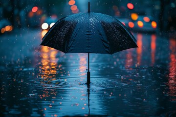 Rainy Gloomy Reflection, Reflective Rainy Day: Close-Up of Person Holding Umbrella, City Mood Captured in Rain Puddle's Reflection