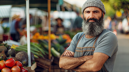 Portrait of a discontented stern elderly bearded man farmer in old peasant clothes at a local street farmer's market