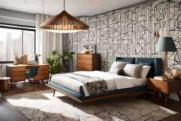 A mid-century modern bedroom with retro-inspired furniture, geometric patterns, and a statement lighting fixture. The design is both timeless and stylish