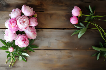 bouquet de pivoines roses sur un fond en bois clair avec en face 2 pivoines à peine ouvertes Espace négatif pour texte copyspace. Fête des mères, des grand-mères, fleuriste