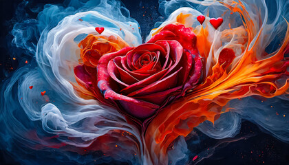 Coeur nuageux rempli d'une rose rouge, Saint Valentin, mariage, sentiment d'amour et de romantisme
