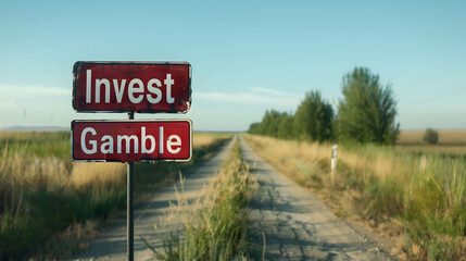 Investment or gamble in stock market concept, a sign on the road that word &ldquo;Invest&rdquo; and "Gamble"