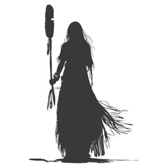 Silhouette native american woman holding stone weapon black color only full body