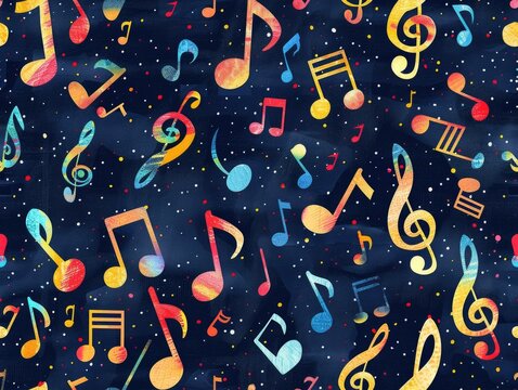 Vibrant music notes and symbols dance across a dark, starry space-inspired backdrop, creating a cosmic musical theme.
