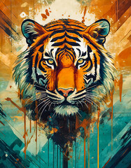 Logo art vintage délavé du visage d'un tigre