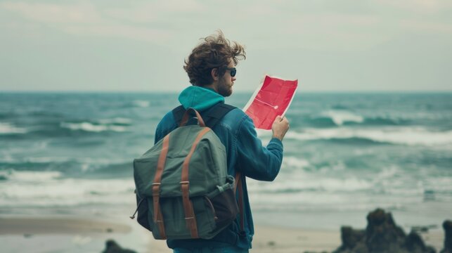 The world: adventurous traveler with red map pointer on serene seashore - stunning stock image for wanderlust, travel blogs, and vacation destinations