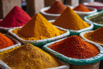 Eastern local market, piles of colorful aromatic spices. Sacks with seasonings, different types of spices on the background.
